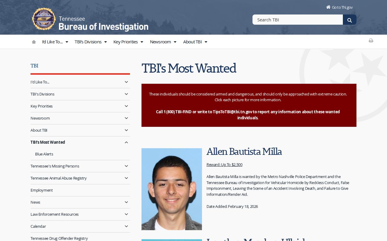 Grainger County most-wanted warrant reference, TBI program criteria and tip route