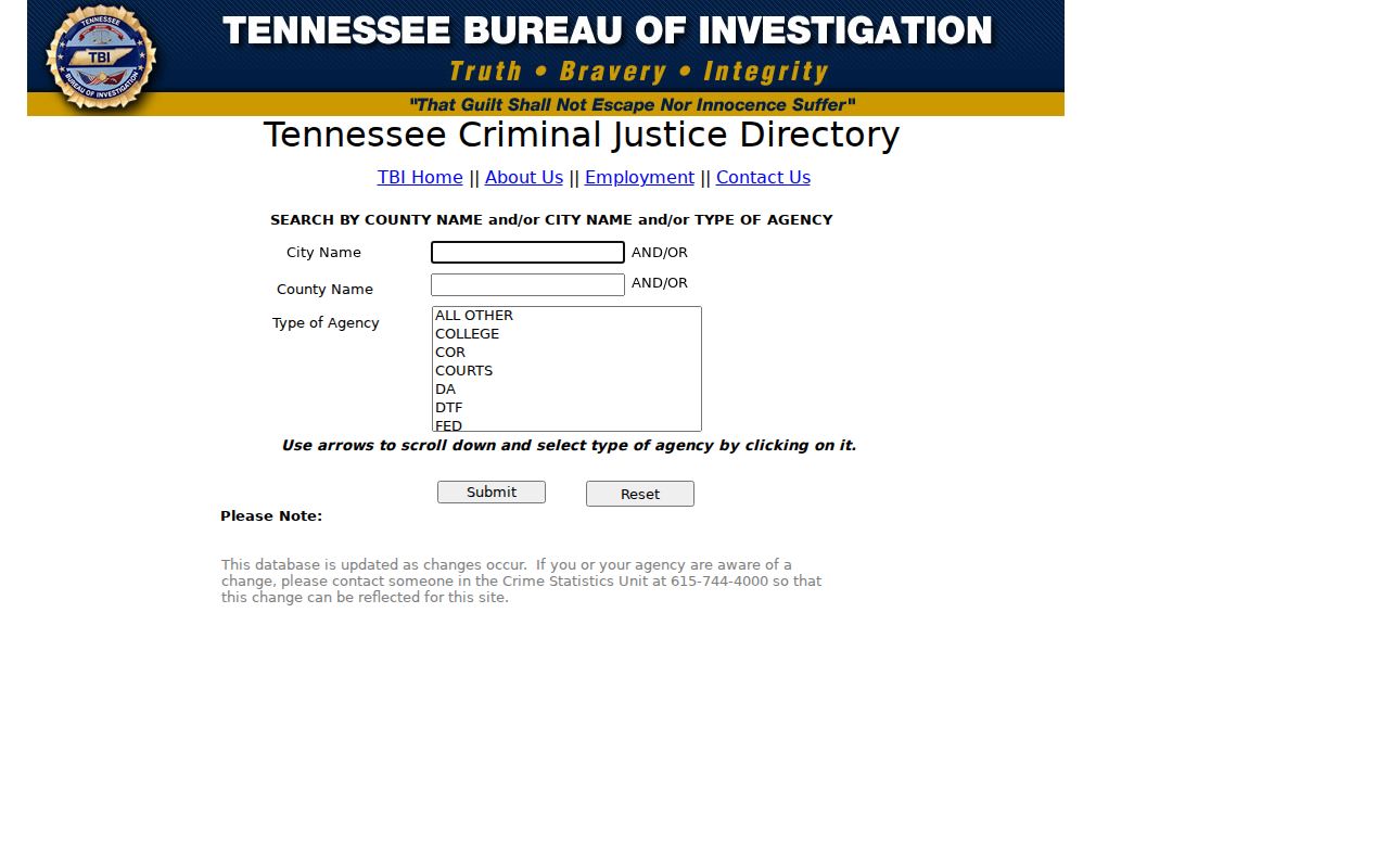 Grainger County warrant check reference, TBI county and city agency filters